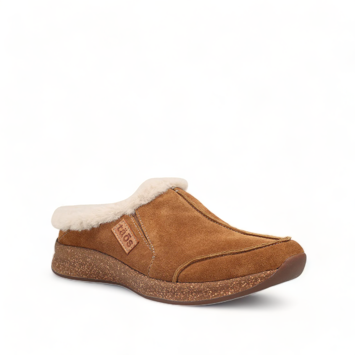 Taos Future chestnut suede clog with soft faux fur lining and supportive cork-textured midsole. Photo of front view.