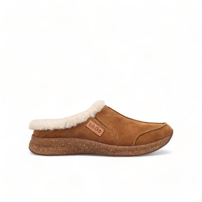 Taos Future chestnut suede clog with soft faux fur lining and supportive cork-textured midsole. Photo of right side view.