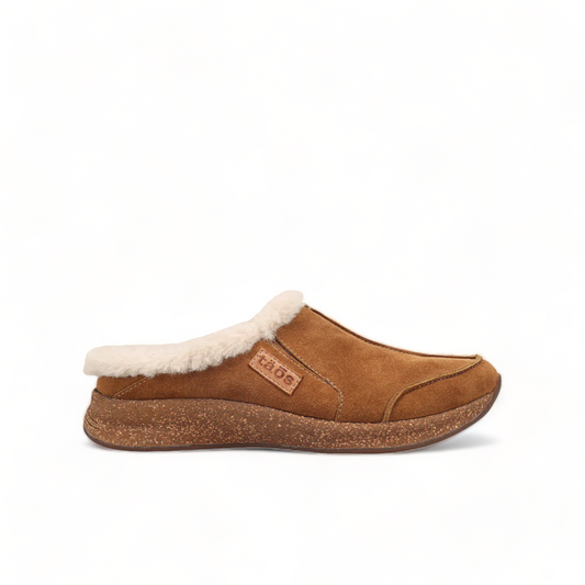 Taos Future chestnut suede clog with soft faux fur lining and supportive cork-textured midsole. Photo of right side view.