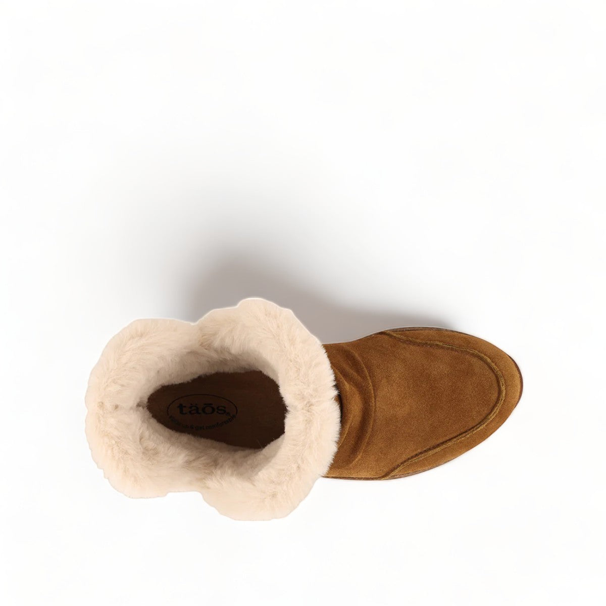 Taos Future Mid chestnut suede ankle boot with faux fur lining and flexible honeycomb rubber outsole. Photo of upper view.