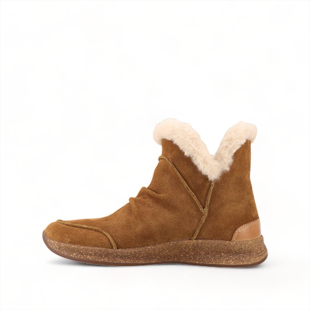 Taos Future Mid chestnut suede ankle boot with faux fur lining and flexible honeycomb rubber outsole. Photo of right side view.