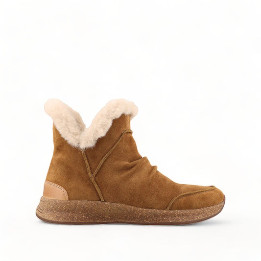 Taos Future Mid chestnut suede ankle boot with faux fur lining and flexible honeycomb rubber outsole. Photo of left side view.