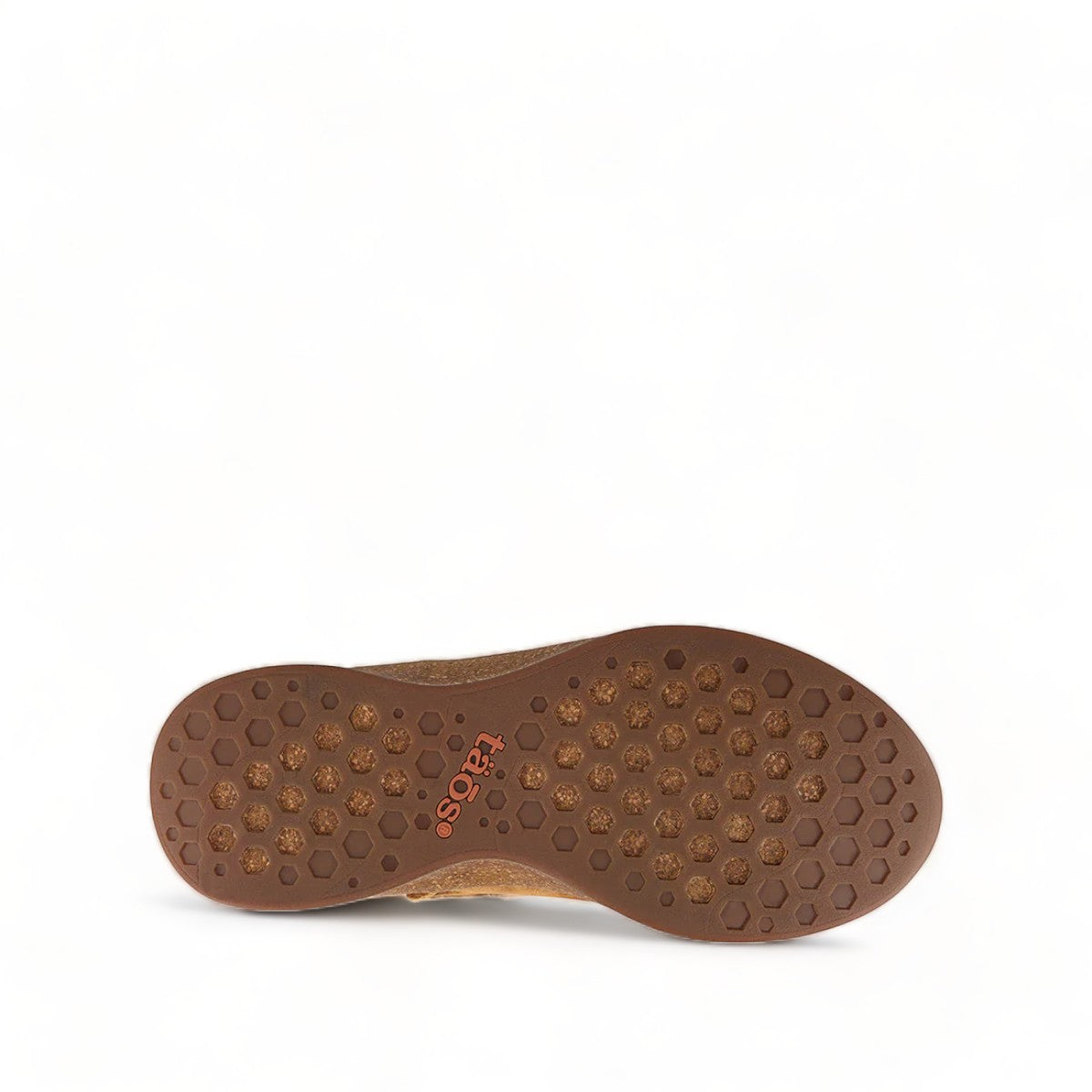 Taos Future Mid chestnut suede ankle boot with faux fur lining and flexible honeycomb rubber outsole. Photo of bottom view.