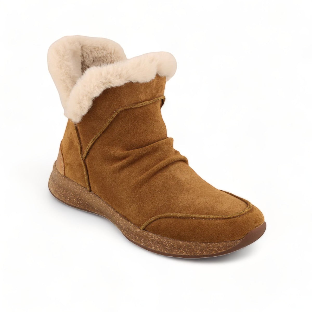 Taos Future Mid chestnut suede ankle boot with faux fur lining and flexible honeycomb rubber outsole. Photo of front view.