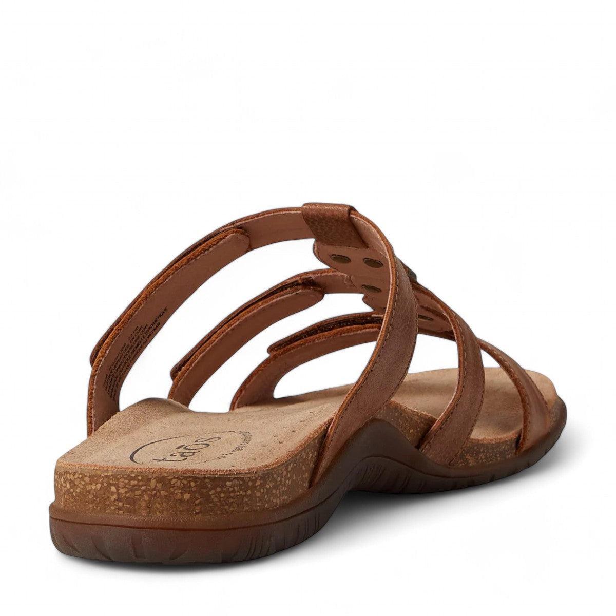 Taos Gemma hazelnut leather slide sandal with decorative stone accents and adjustable velcro straps. Photo of back view.