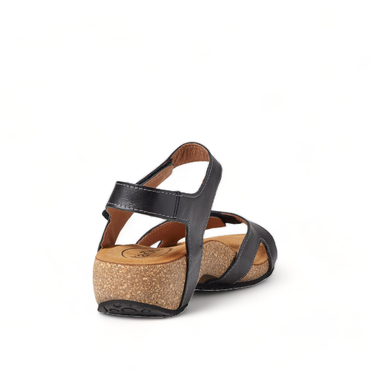 Taos Locke black leather sandal with adjustable hook and loop straps and a supportive cork footbed. Photo of back view.