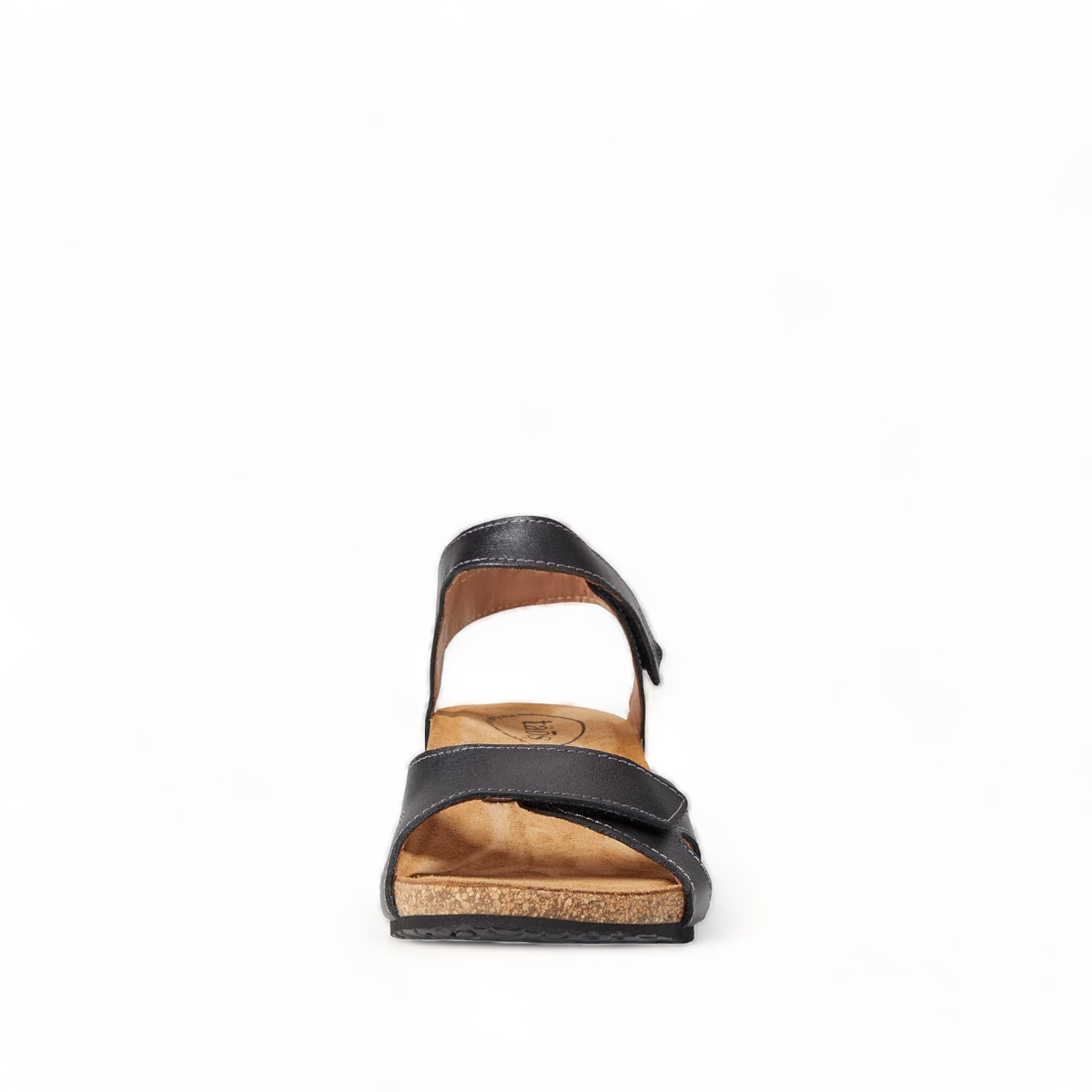 Taos Locke black leather sandal with adjustable hook and loop straps and a supportive cork footbed. Photo of front view.