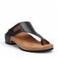 Sina Footwear Taos Loop black leather toe-post wedge sandal with adjustable strap and cushioned cork foot bed. Photo of front view.