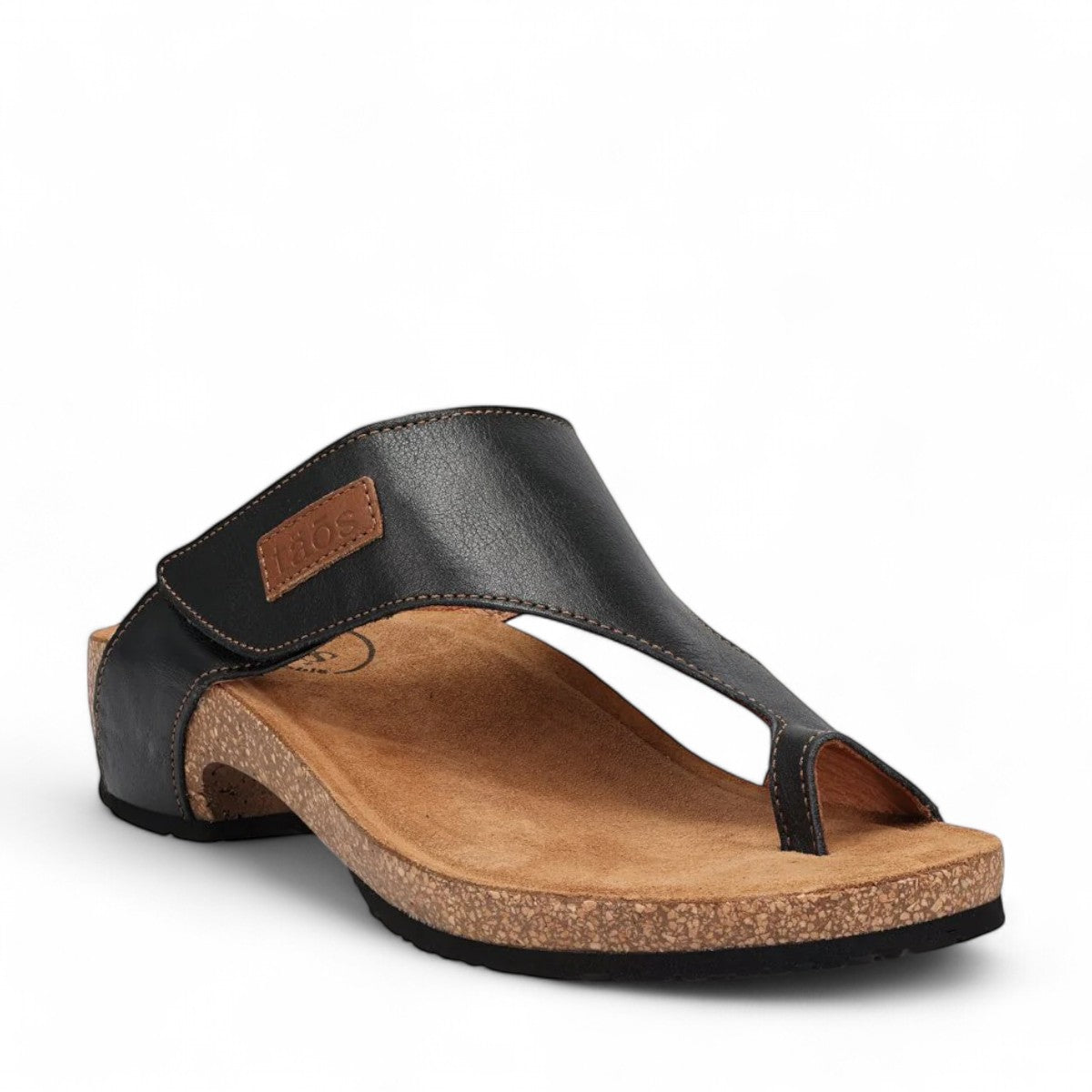 Sina Footwear Taos Loop black leather toe-post wedge sandal with adjustable strap and cushioned cork foot bed. Photo of front view.