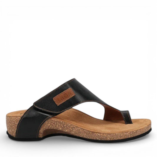 Sina Footwear Taos Loop black leather toe-post wedge sandal with adjustable strap and cushioned cork foot bed. Photo of outside side view.