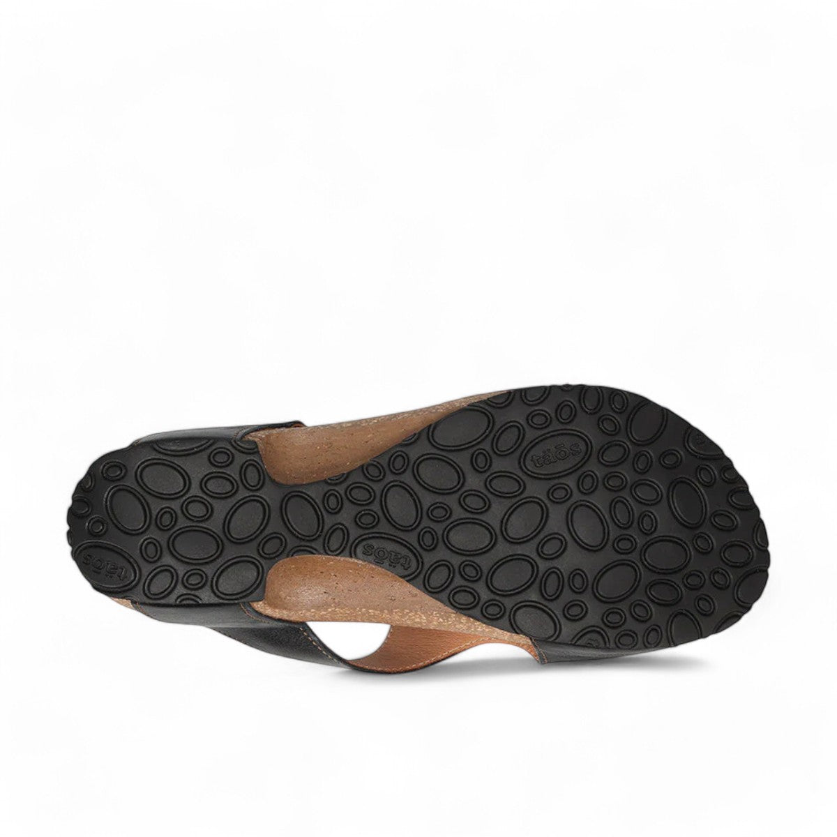 Sina Footwear Taos Loop black leather toe-post wedge sandal with adjustable strap and cushioned cork foot bed. Photo of bottom view.