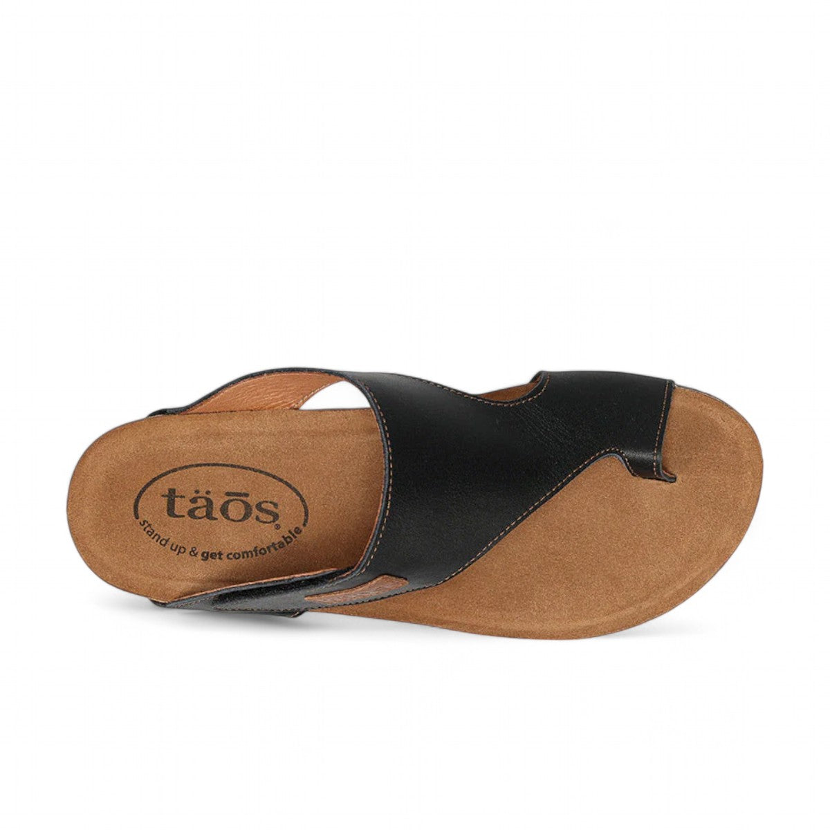 Sina Footwear Taos Loop black leather toe-post wedge sandal with adjustable strap and cushioned cork foot bed. Photo of upper view.