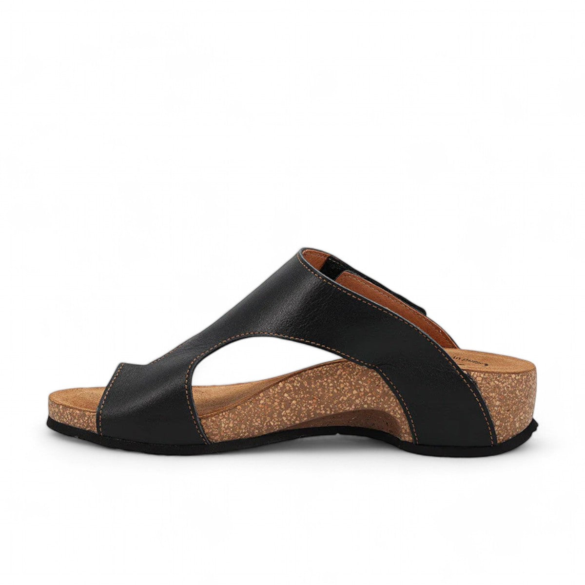 Sina Footwear Taos Loop black leather toe-post wedge sandal with adjustable strap and cushioned cork foot bed. Photo of inside side view.