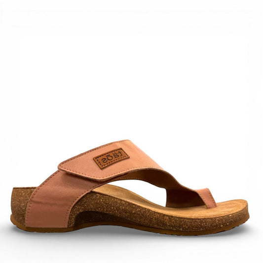 Taos Loop blush leather wedge sandal with adjustable hook-and-loop strap and cork foot bed. Photo of inside side view.