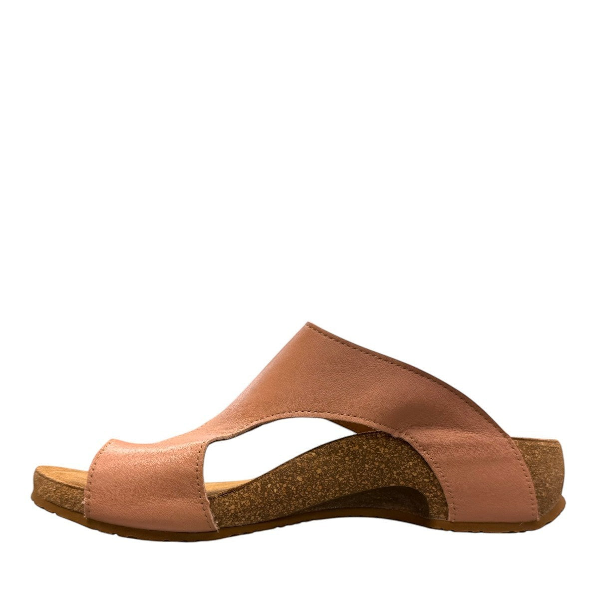 Taos Loop blush leather wedge sandal with adjustable hook-and-loop strap and cork foot bed. Photo of outside side view.
