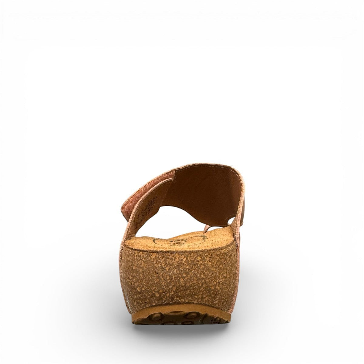Taos Loop blush leather wedge sandal with adjustable hook-and-loop strap and cork foot bed. Photo of back view.