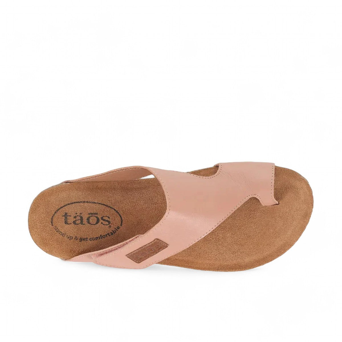 Taos Loop blush leather wedge sandal with adjustable hook-and-loop strap and cork foot bed. Photo of upper view.