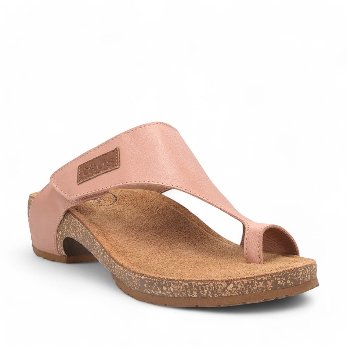 Taos Loop blush leather wedge sandal with adjustable hook-and-loop strap and cork foot bed. Photo of front view.