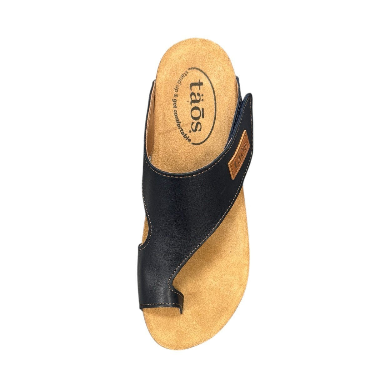 Taos Loop navy leather toe-post sandal with adjustable hook-and-loop strap and cushioned cork foot bed. Photo of upper view.