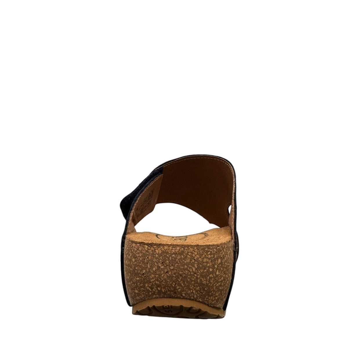 Taos Loop navy leather toe-post sandal with adjustable hook-and-loop strap and cushioned cork foot bed. Photo of back view.