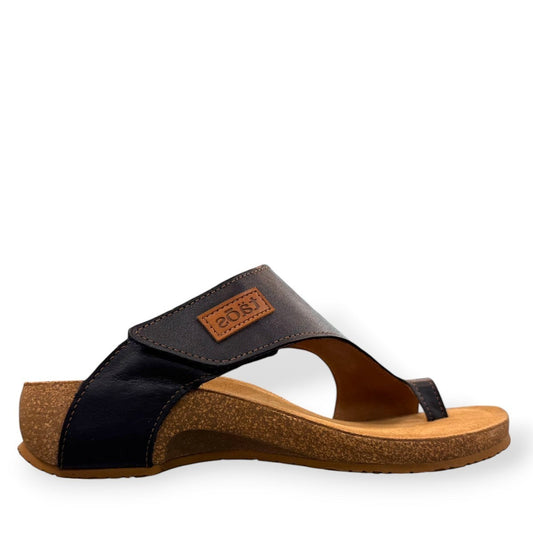 Taos Loop navy leather toe-post sandal with adjustable hook-and-loop strap and cushioned cork foot bed. Photo of outside side view.
