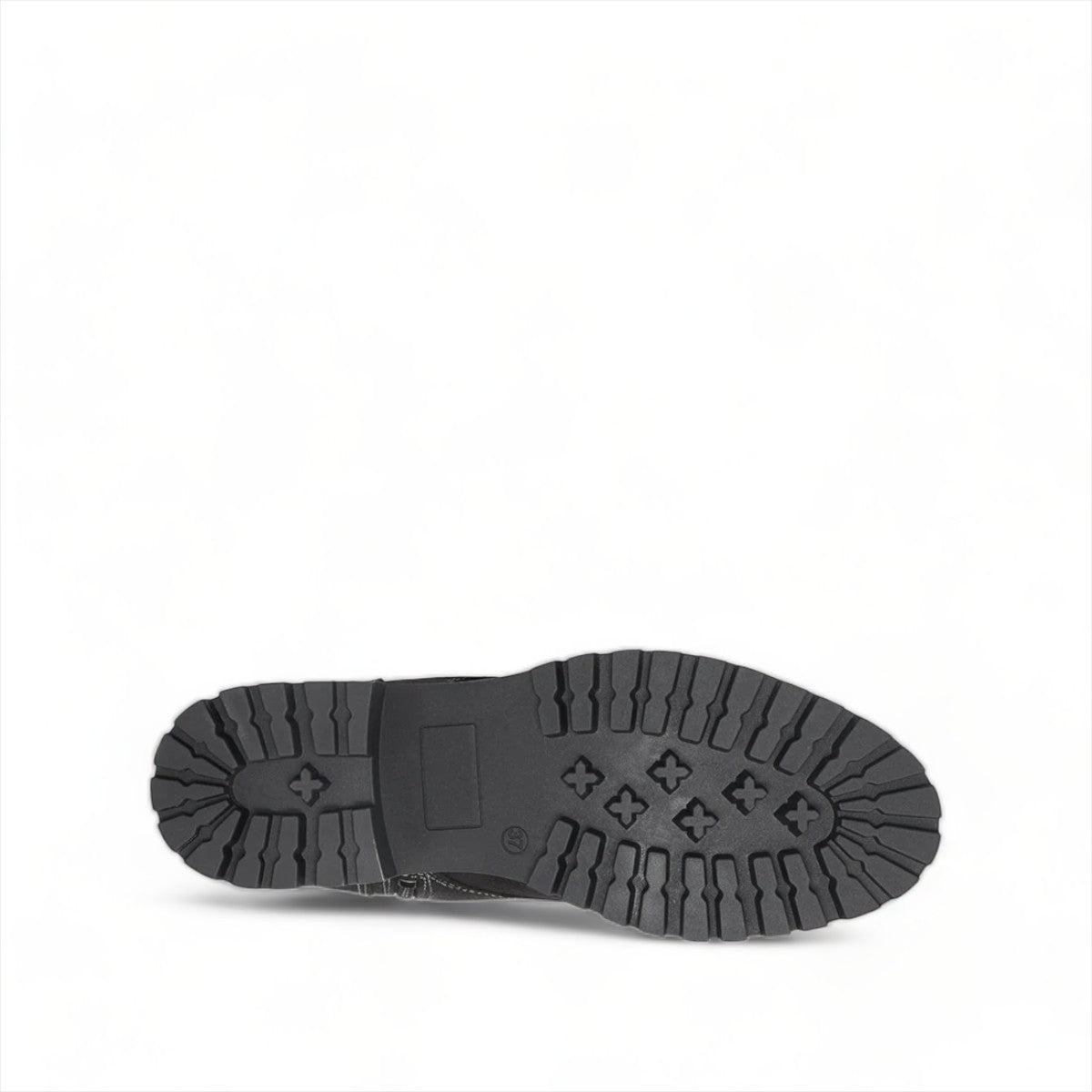 Taos Main Street black rugged leather lace-up platform boot with cork midsole and rubber lug outsole. Photo of bottom view.