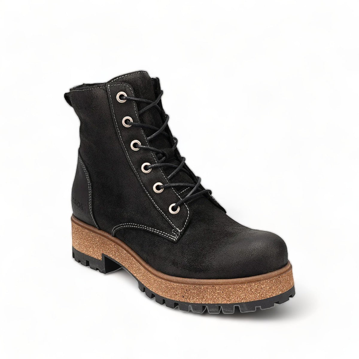 Taos Main Street black rugged leather lace-up platform boot with cork midsole and rubber lug outsole. Photo of front view.