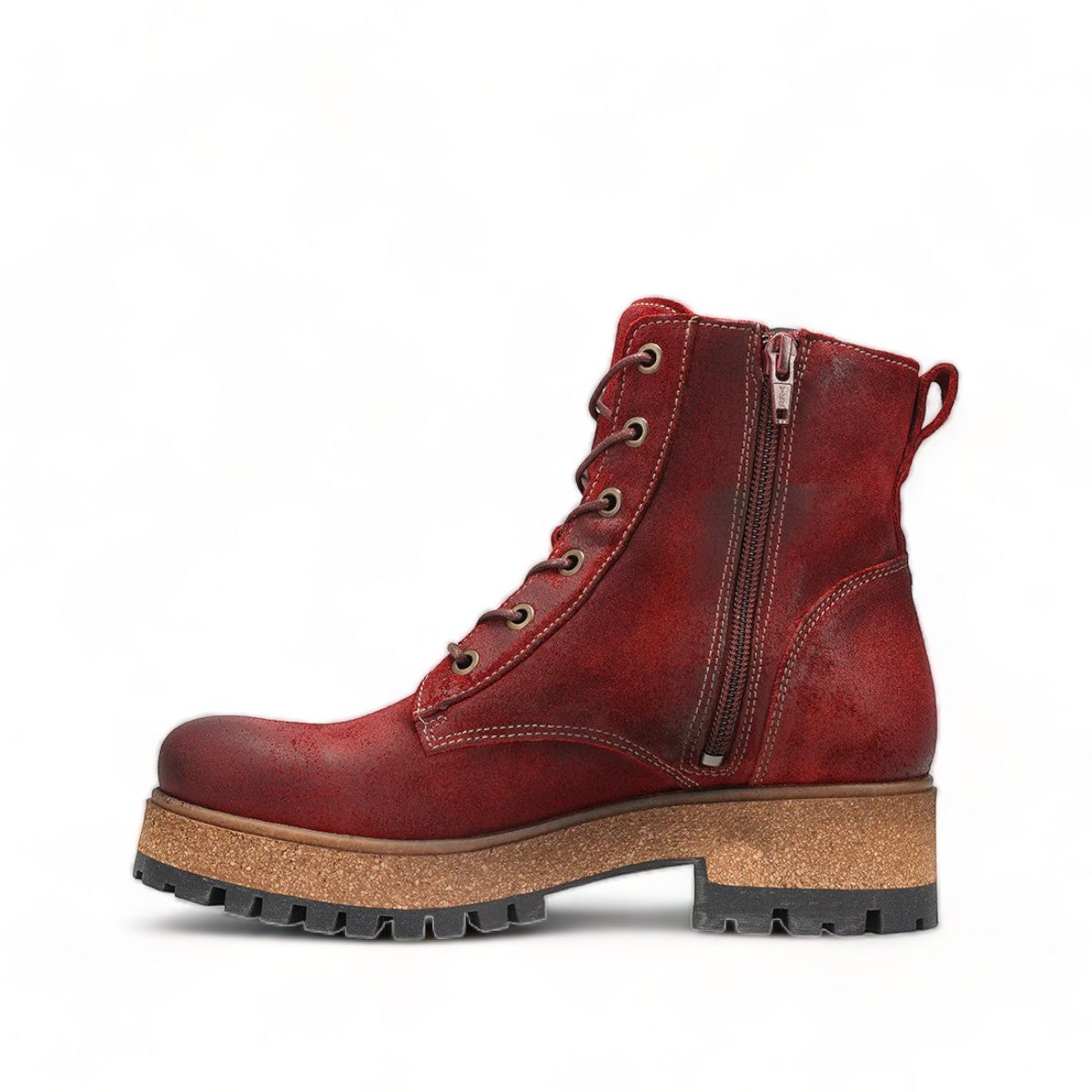 Taos Main Street garnet red leather lace-up platform boot with a cork midsole and rubber lug sole. Photo of inside side view.