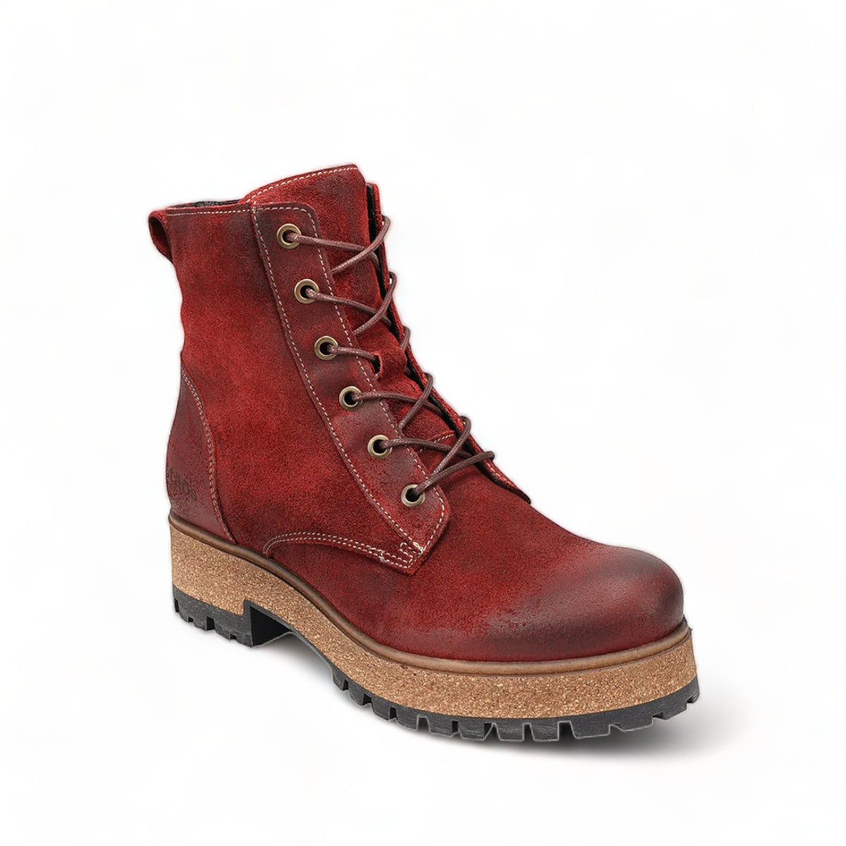 Taos Main Street garnet red leather lace-up platform boot with a cork midsole and rubber lug sole. Photo of front view.