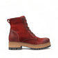 Taos Main Street garnet red leather lace-up platform boot with a cork midsole and rubber lug sole. Photo of outside side view.