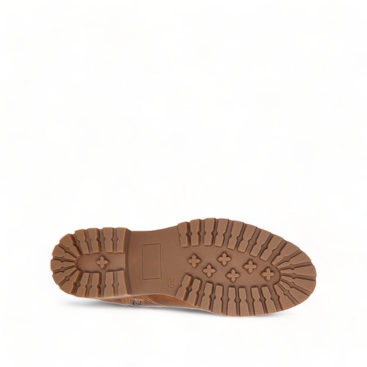 Taos Main Street tan leather lace-up platform boot with a cork midsole and rugged rubber lug outsole. Photo of bottom view.