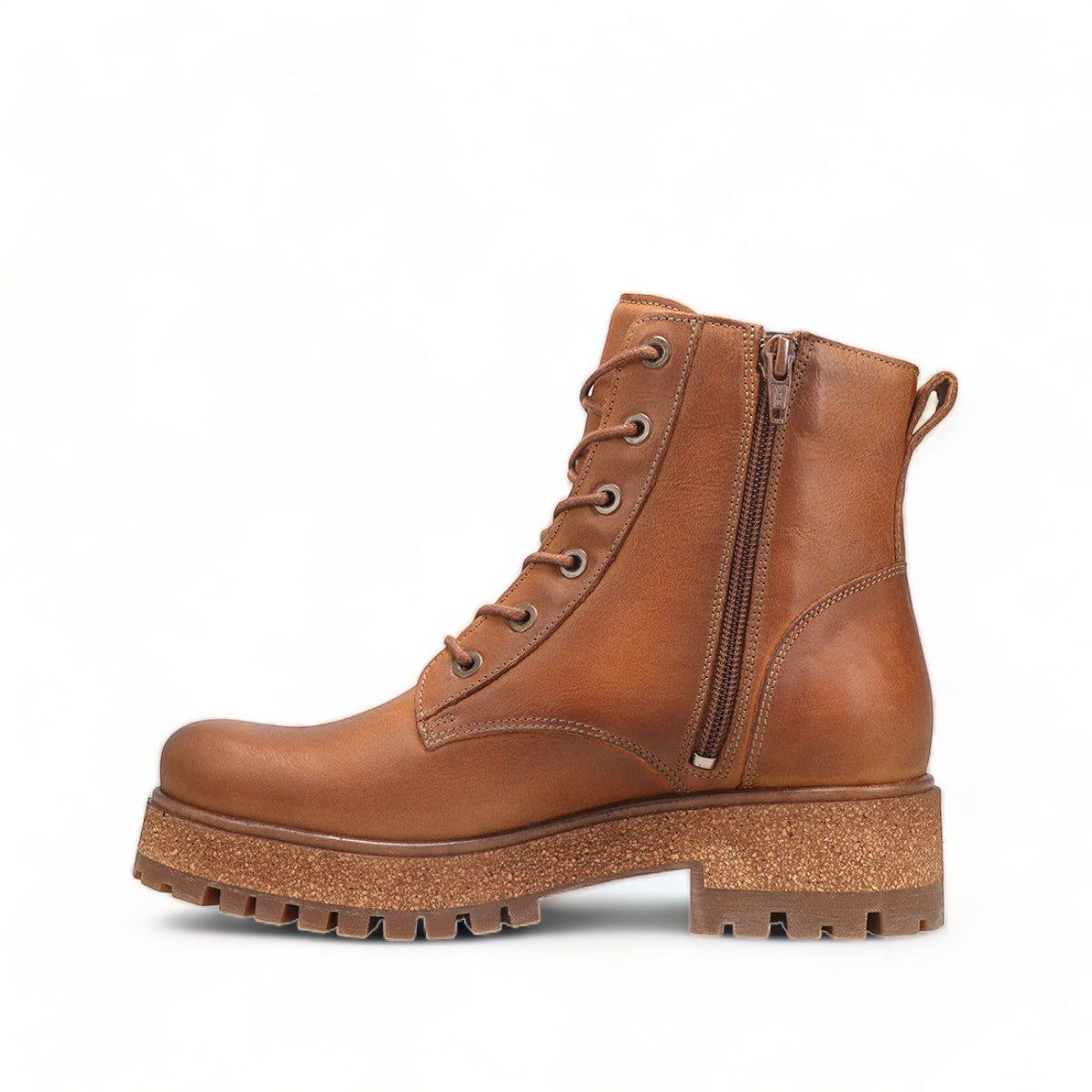 Taos Main Street tan leather lace-up platform boot with a cork midsole and rugged rubber lug outsole. Photo of right side view.