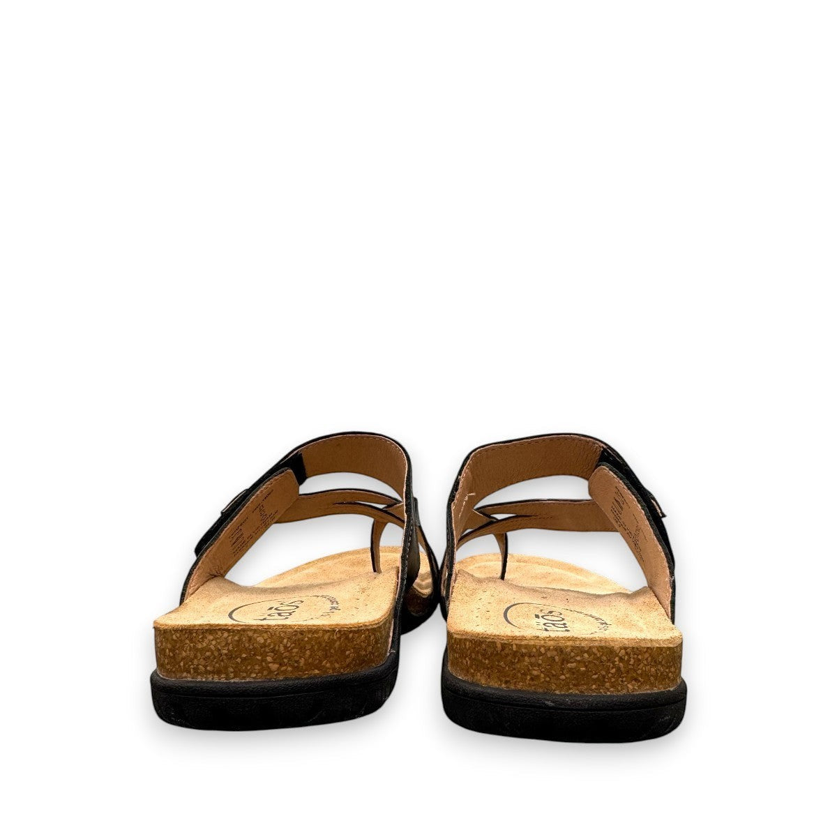 Taos Perfect black leather thong sandal with adjustable strap, cork-latex midsole, and rubber outsole. Photo of back view.