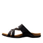 Taos Perfect black leather thong sandal with adjustable strap, cork-latex midsole, and rubber outsole. Photo of outside side view.