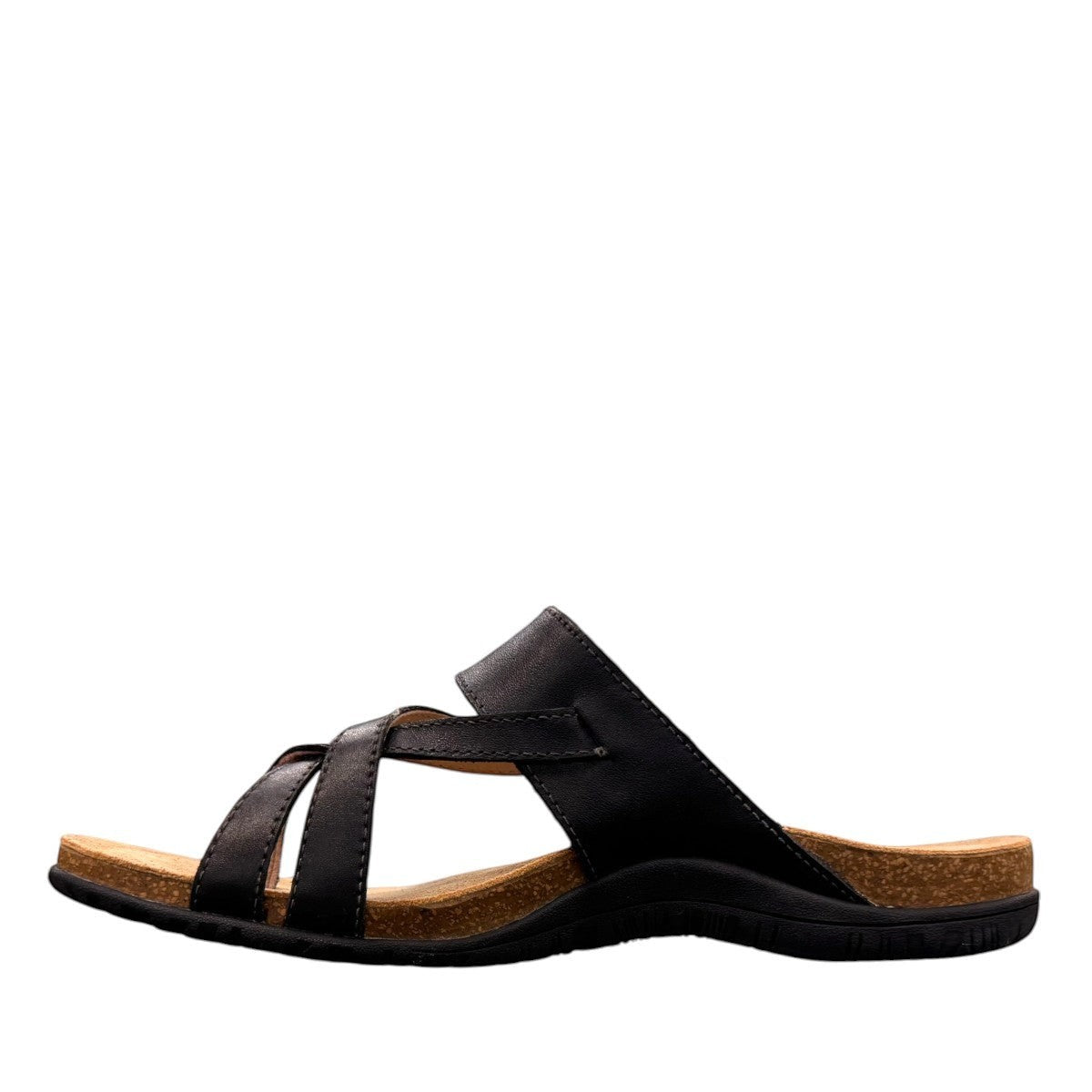 Taos Perfect black leather thong sandal with adjustable strap, cork-latex midsole, and rubber outsole. Photo of outside side view.