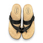 Taos Perfect black leather thong sandal with adjustable strap, cork-latex midsole, and rubber outsole. Photo of upper view.