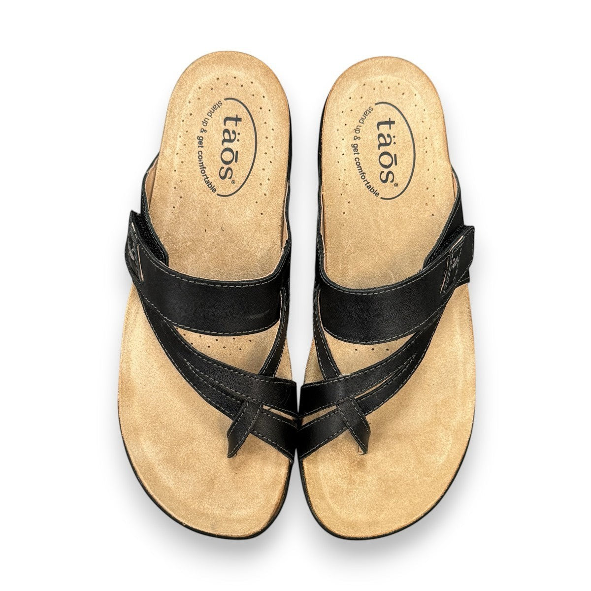 Taos Perfect black leather thong sandal with adjustable strap, cork-latex midsole, and rubber outsole. Photo of upper view.