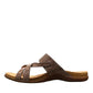 Toas perfect espresso brown leather thong sandals with suede foot bed and adjustable strap. Photo of outside side view.