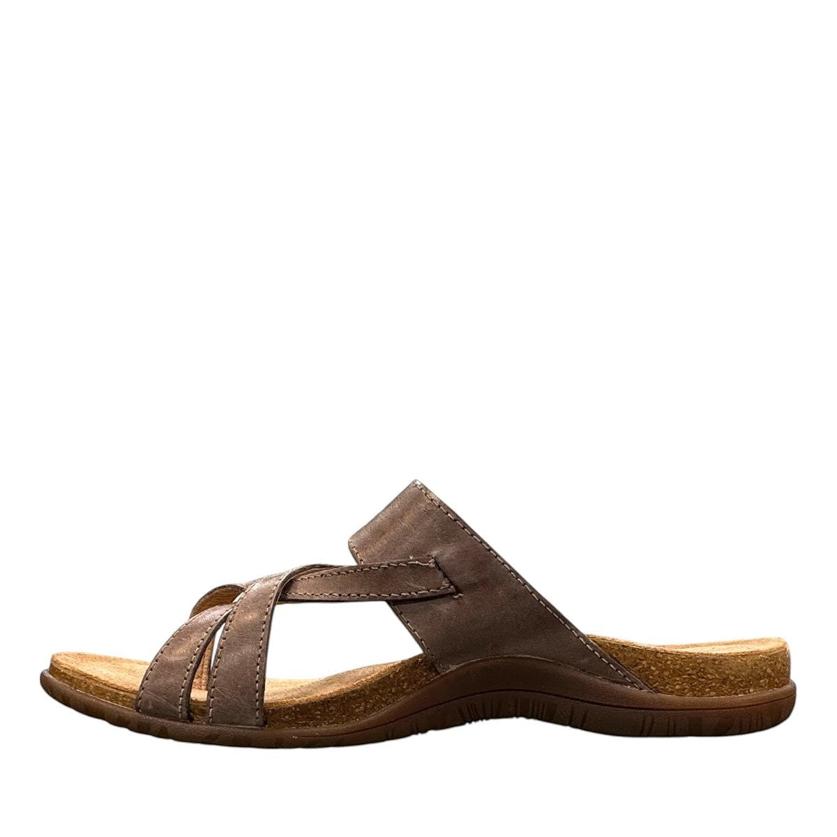 Toas perfect espresso brown leather thong sandals with suede foot bed and adjustable strap. Photo of outside side view.