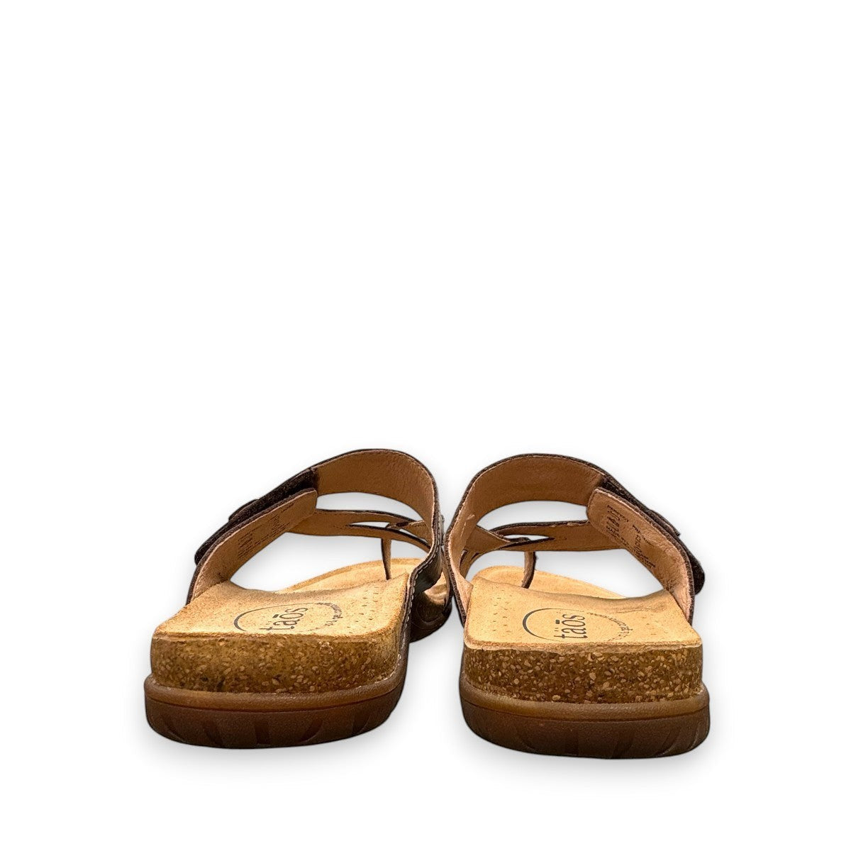 Toas perfect espresso brown leather thong sandals with suede foot bed and adjustable strap. Photo of back view.