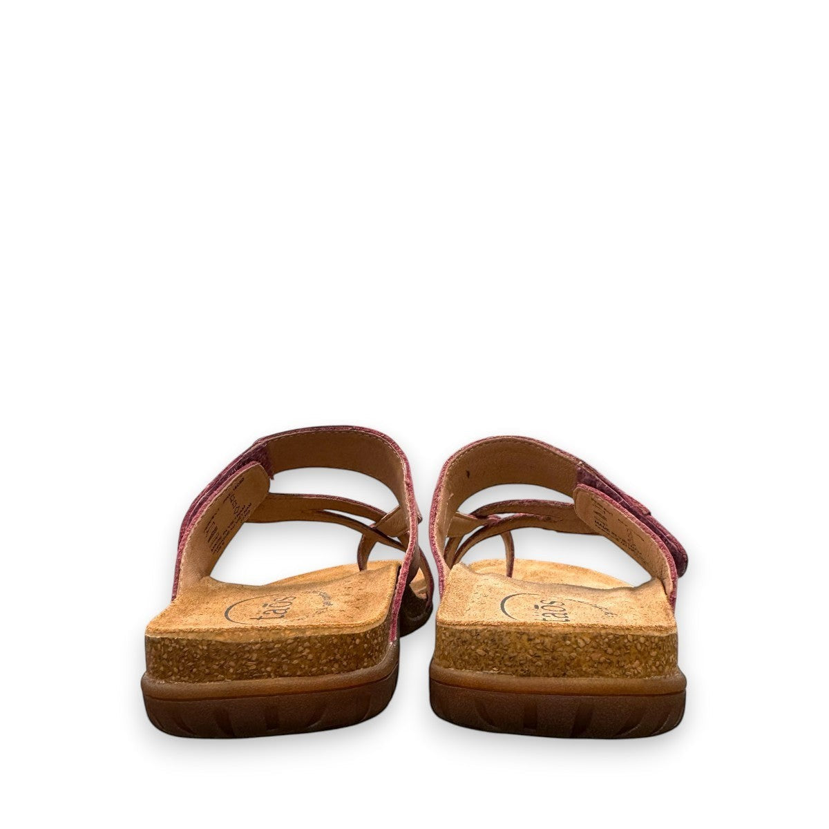 Taos Perfect thong sandal in rustic pink leather with adjustable hook-and-loop strap and cork midsole. Photo of back view.