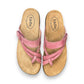 Taos Perfect thong sandal in rustic pink leather with adjustable hook-and-loop strap and cork midsole. Photo of upper view.