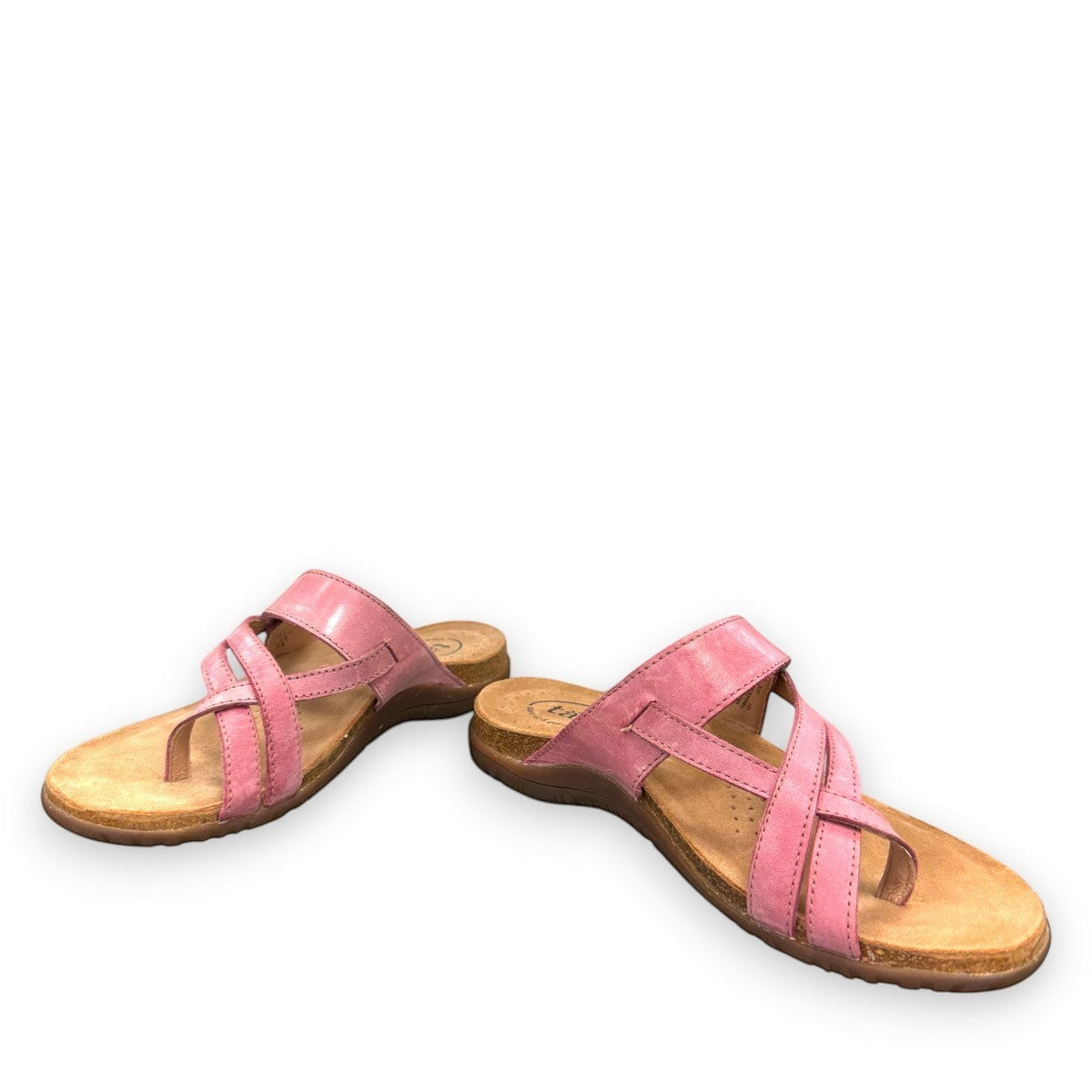 Taos Perfect thong sandal in rustic pink leather with adjustable hook-and-loop strap and cork midsole. Photo of front view 2.