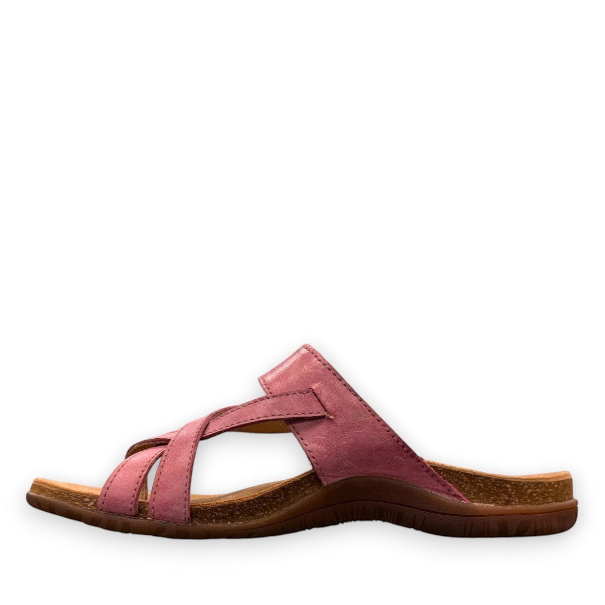 Taos Perfect thong sandal in rustic pink leather with adjustable hook-and-loop strap and cork midsole. Photo of inside side view.