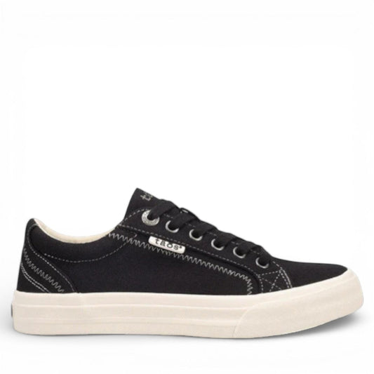 Taos Plim Soul black canvas sneaker with white rubber platform sole and decorative stitching. Photo of outside side view.