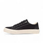 Taos Plim Soul black canvas sneaker with white rubber platform sole and decorative stitching. Photo of inside side view.