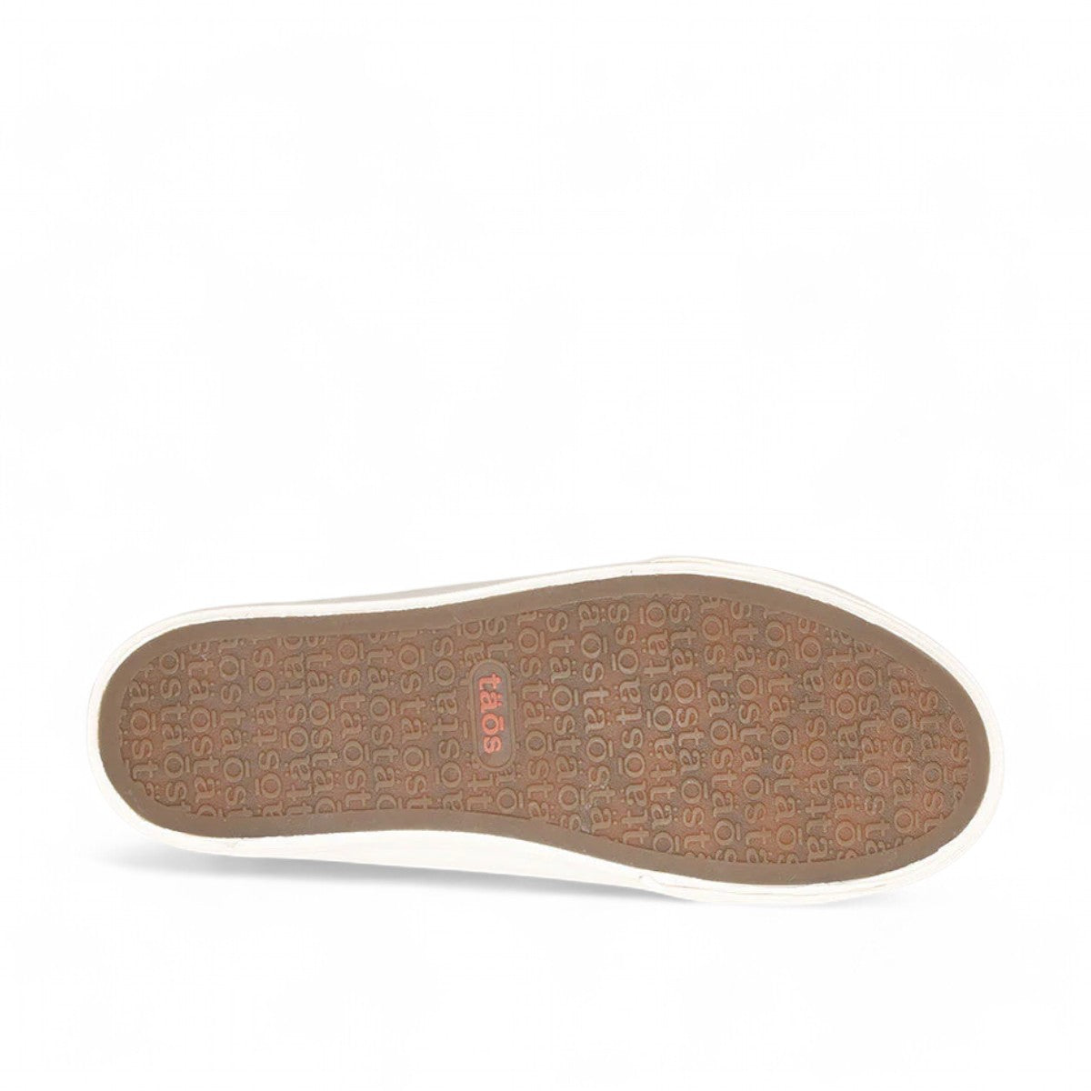 Taos Plim Soul black canvas sneaker with white rubber platform sole and decorative stitching. Photo of bottom view.