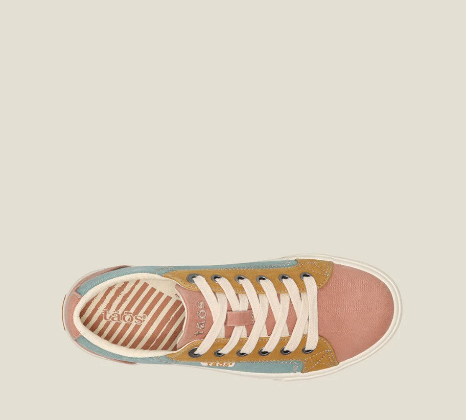 Taos Plim Soul canvas sneakers in beach multi featuring arch support and a thick rubber platform sole. Photo of upper view.