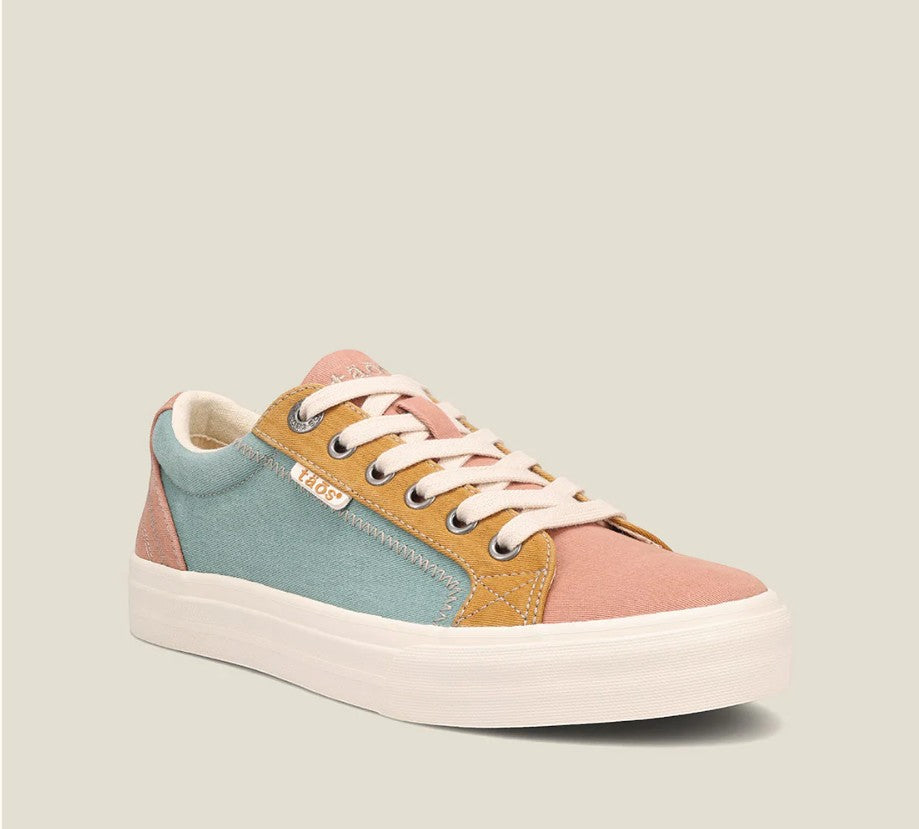 Taos Plim Soul canvas sneakers in beach multi featuring arch support and a thick rubber platform sole. Photo of front view.