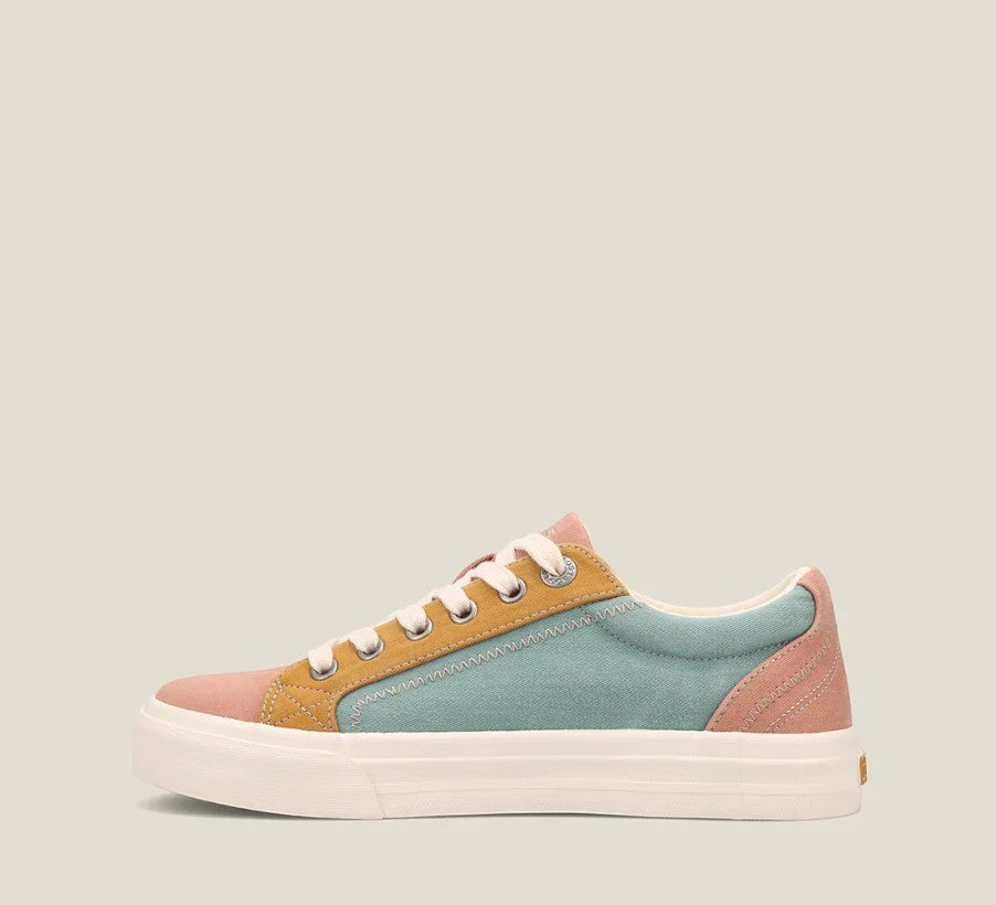 Taos Plim Soul canvas sneakers in beach multi featuring arch support and a thick rubber platform sole. Photo of inside side view.